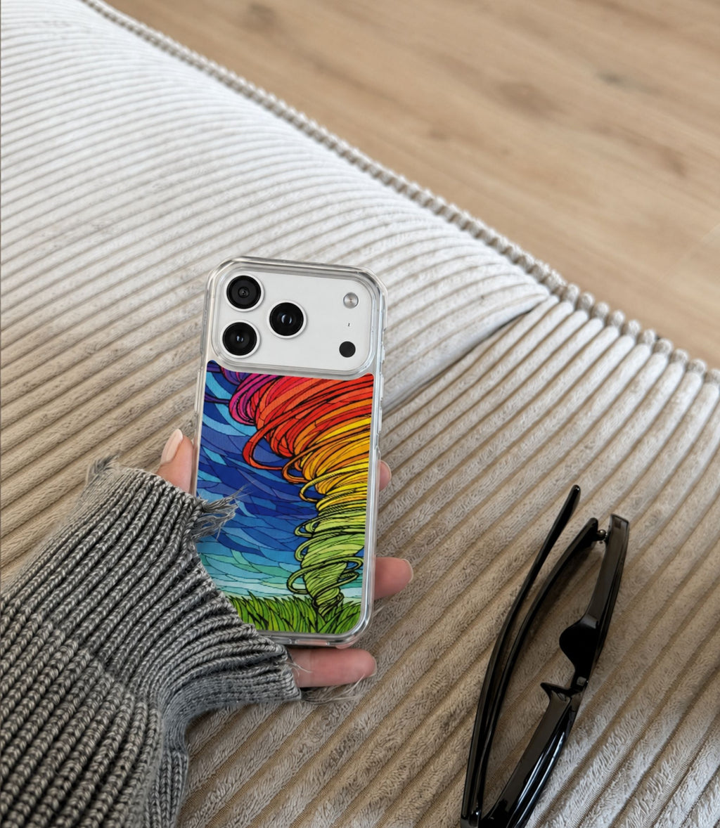 Rainbow tornado clear phone case styled in an everyday lifestyle scene
