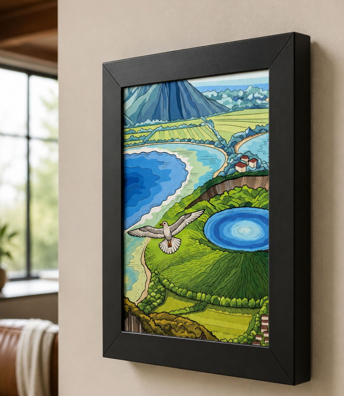 Close-up side view of black-framed volcanic coast and seagull art print
