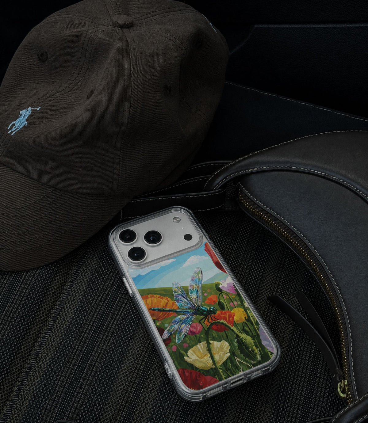 Dragonfly meadow clear phone case styled in an everyday lifestyle scene