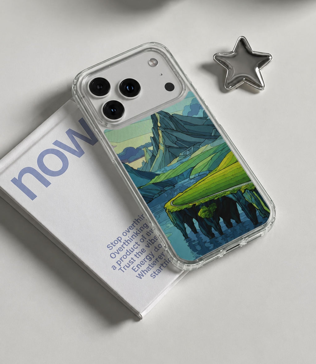 Mountain cliff seascape clear phone case styled in an everyday lifestyle scene