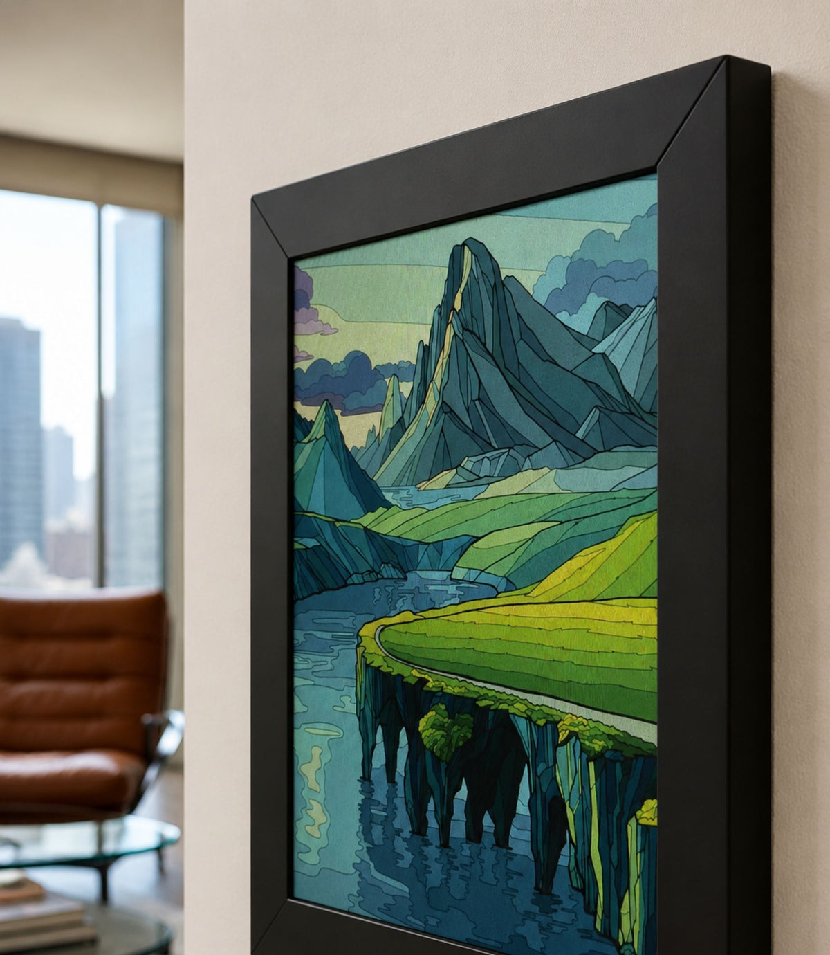 Close-up side view of black-framed mountain cliff seascape art print
