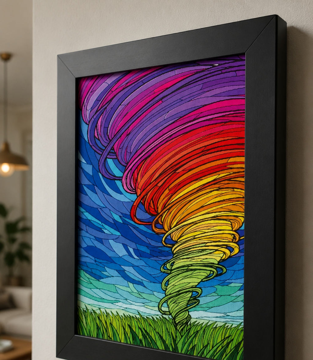 Close-up side view of black-framed rainbow tornado art print