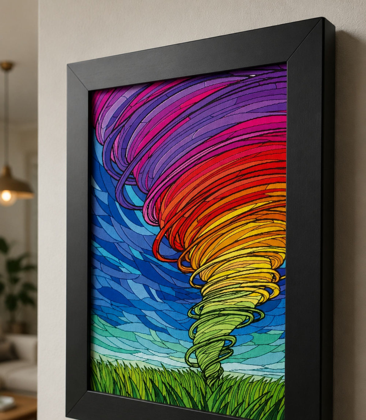 Close-up side view of black-framed rainbow tornado art print