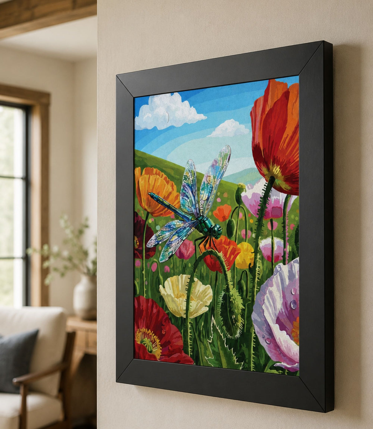 Close-up side view of black-framed dragonfly meadow art print