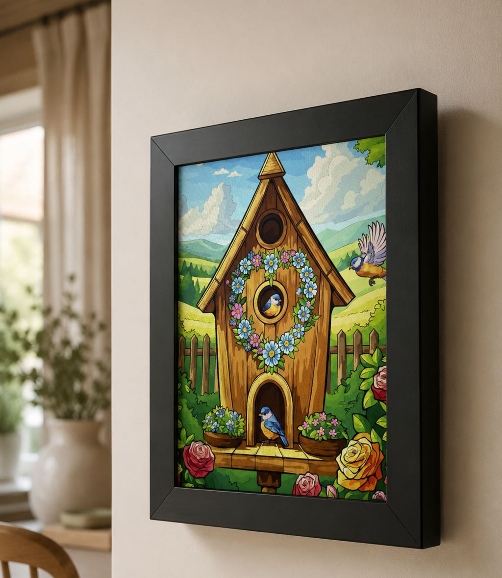 Close-up side view of black-framed whimsical floral birdhouse art print