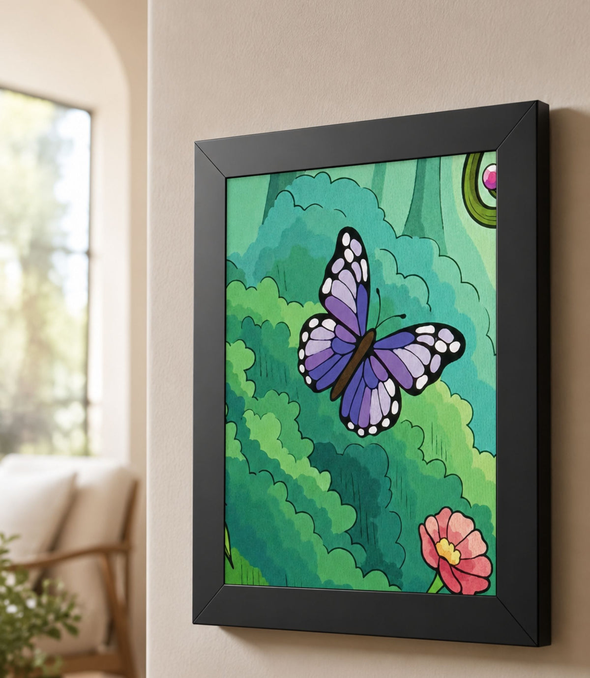 Close-up side view of black-framed purple butterfly garden art print