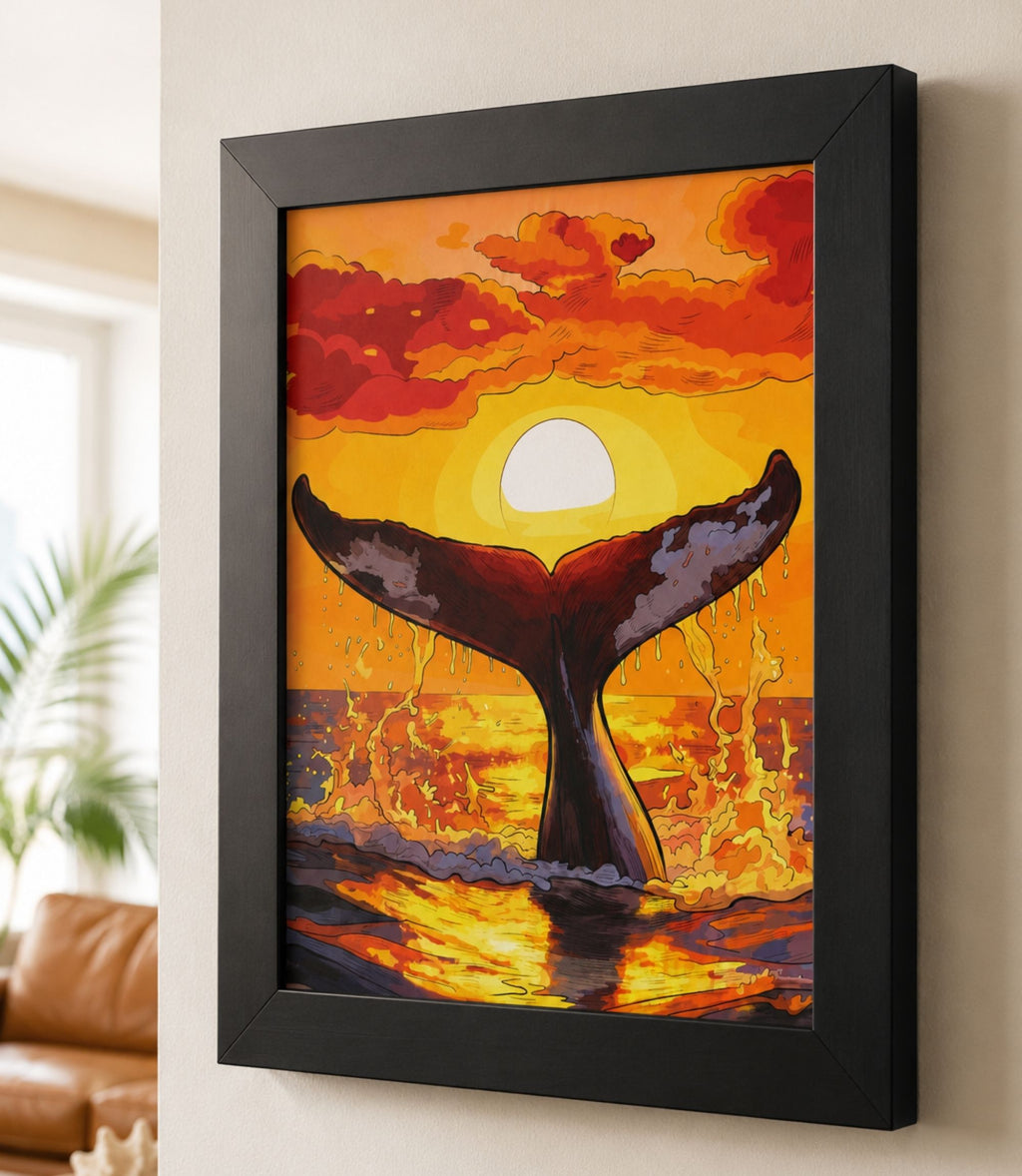 Close-up side view of black-framed whale tail at sunset art print