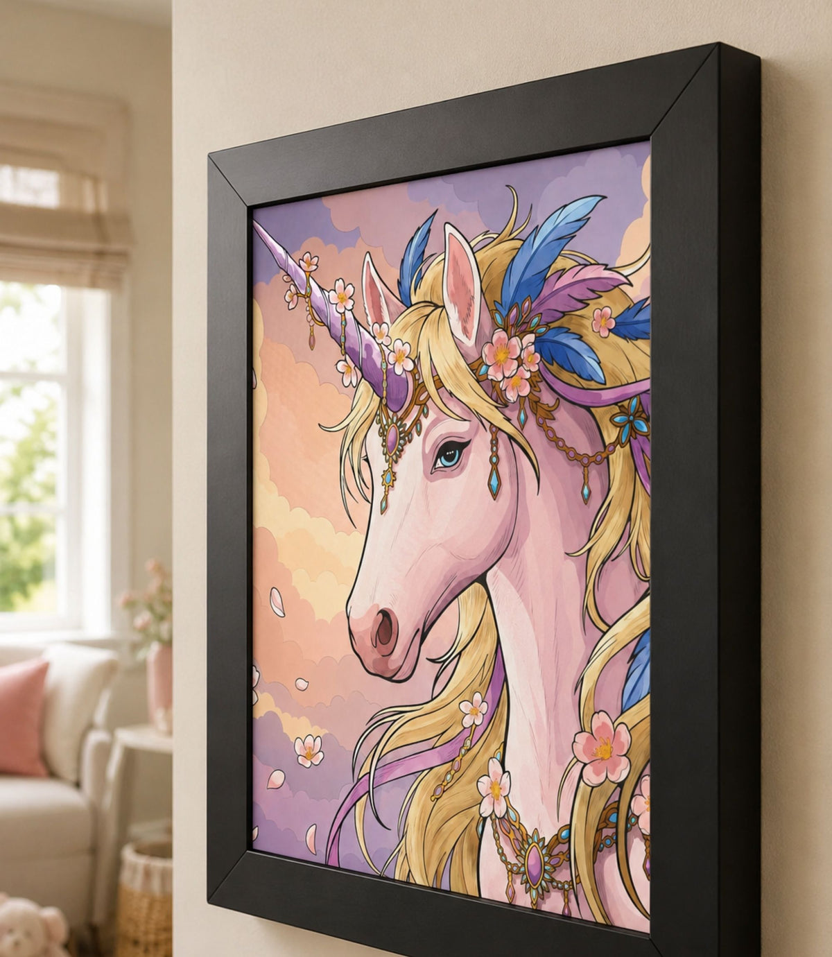Close-up side view of black-framed pastel unicorn art print