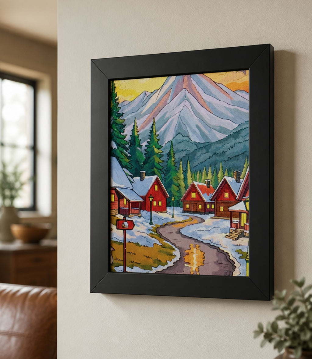 Close-up side view of black-framed winter mountain village art print