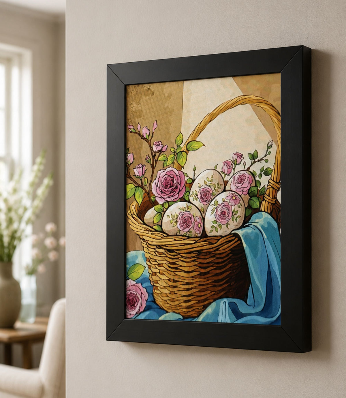 Close-up side view of black-framed floral Easter basket art print