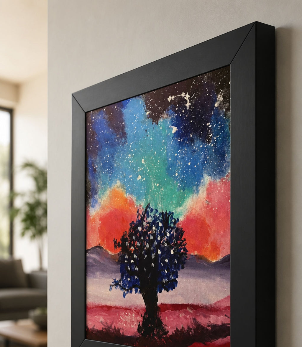 Close-up side view of black-framed galaxy tree art print