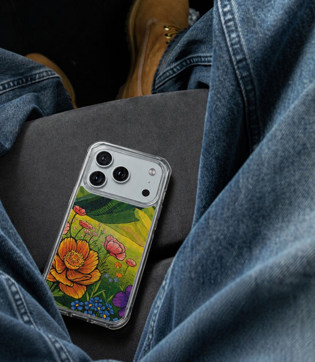 Mountain wildflower garden clear phone case styled in an everyday lifestyle scene