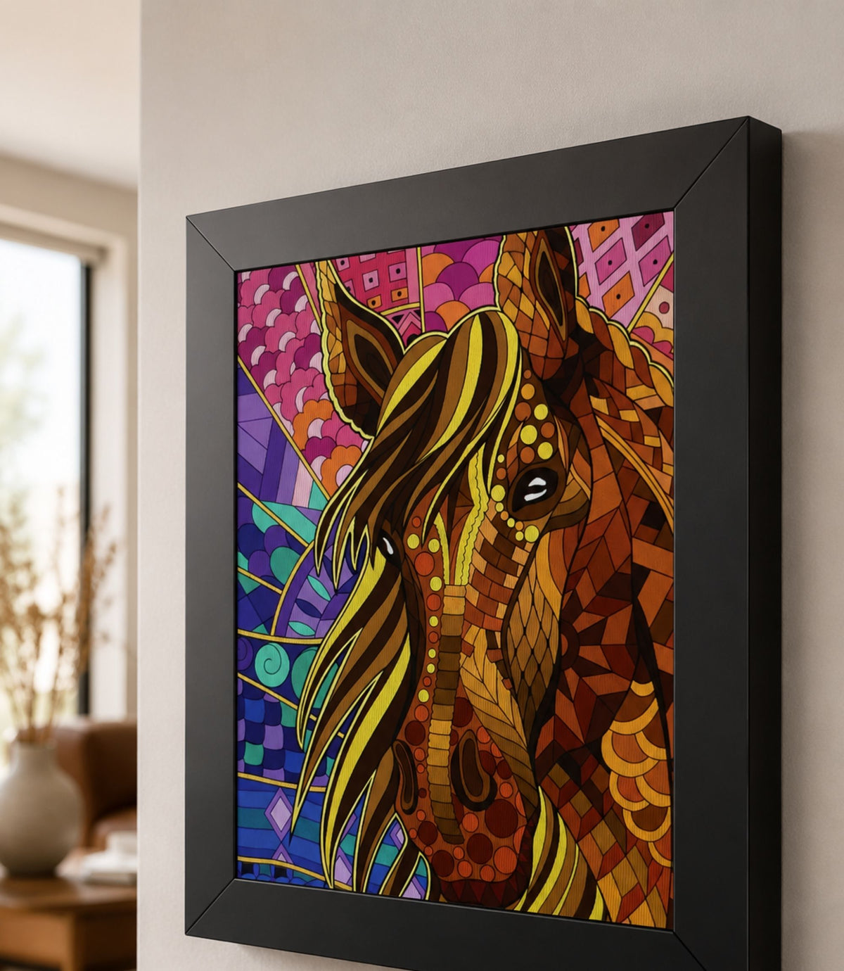 Close-up side view of black-framed colourful mosaic horse art print