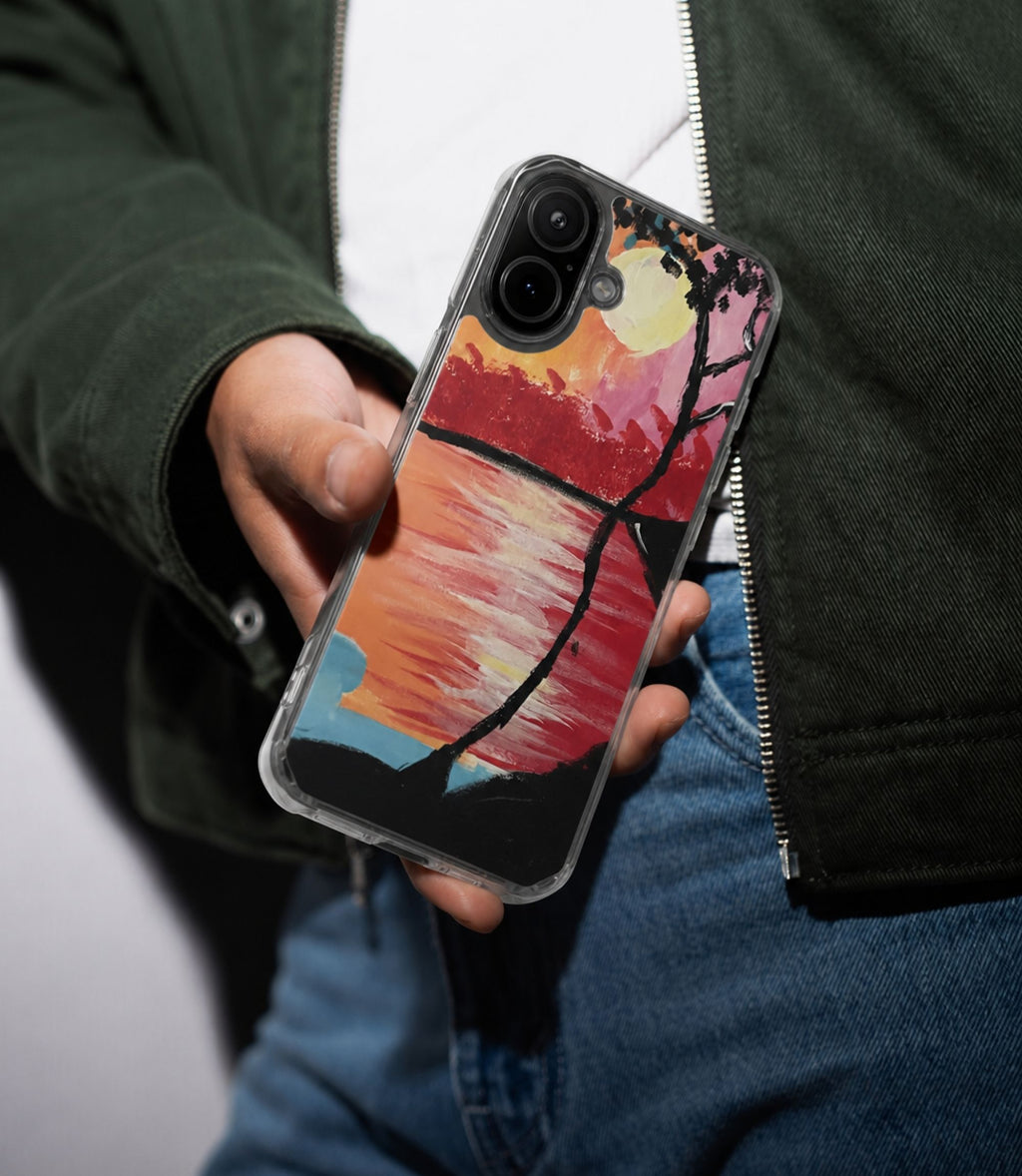 Person holding sunset lake and silhouetted tree clear magnetic phone case