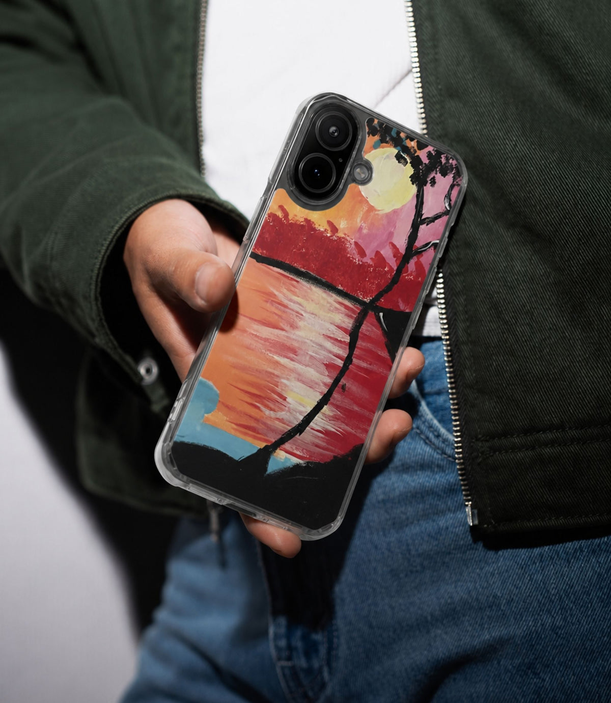 Person holding sunset lake and silhouetted tree clear magnetic phone case