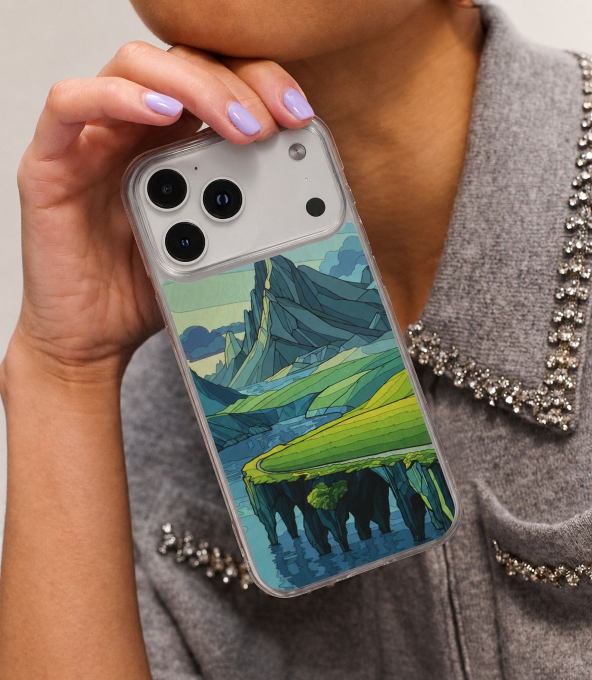 Person holding mountain cliff seascape clear magnetic phone case