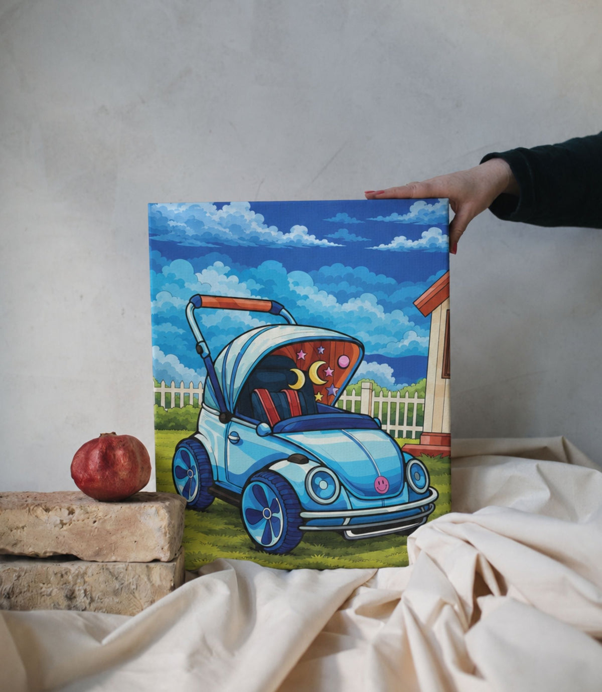 Person holding blue bug car stretched canvas wall art