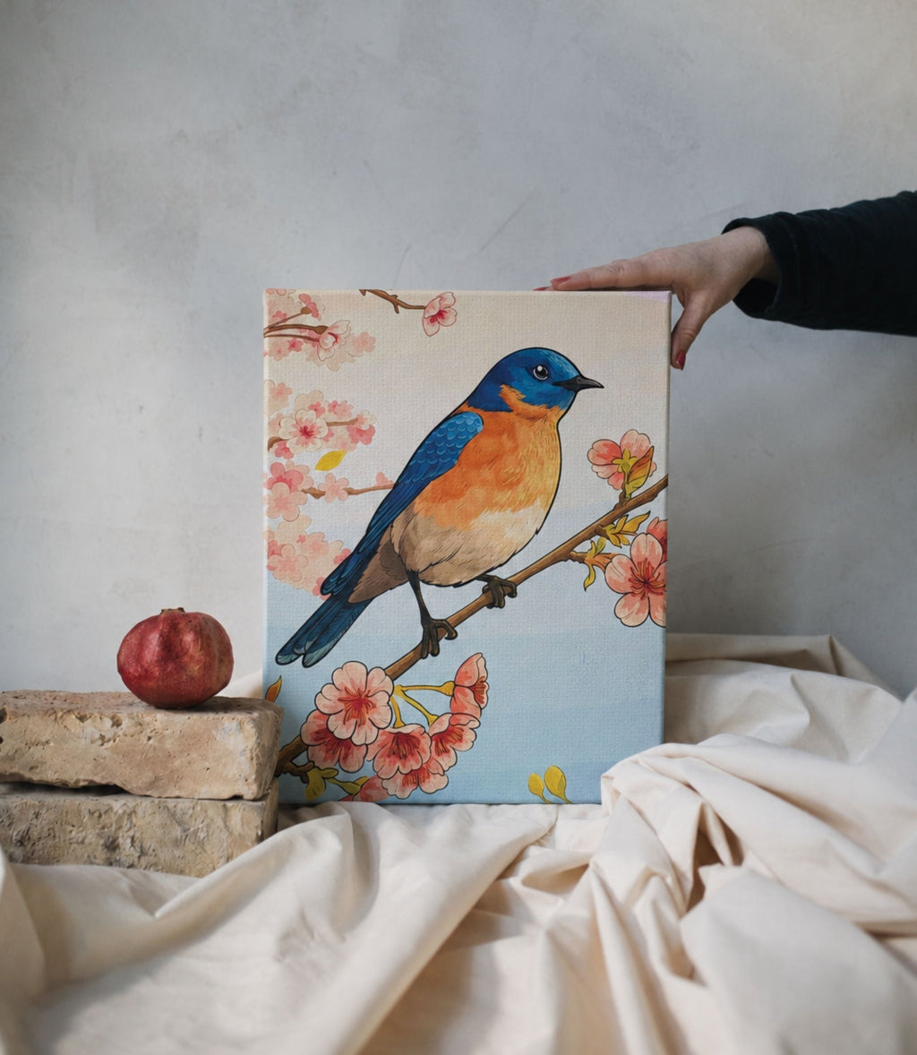 Person holding bluebird and cherry blossoms stretched canvas wall art