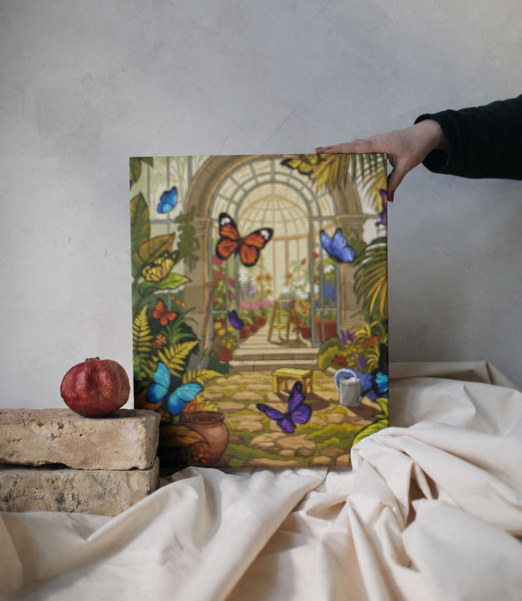 Person holding butterfly conservatory stretched canvas wall art
