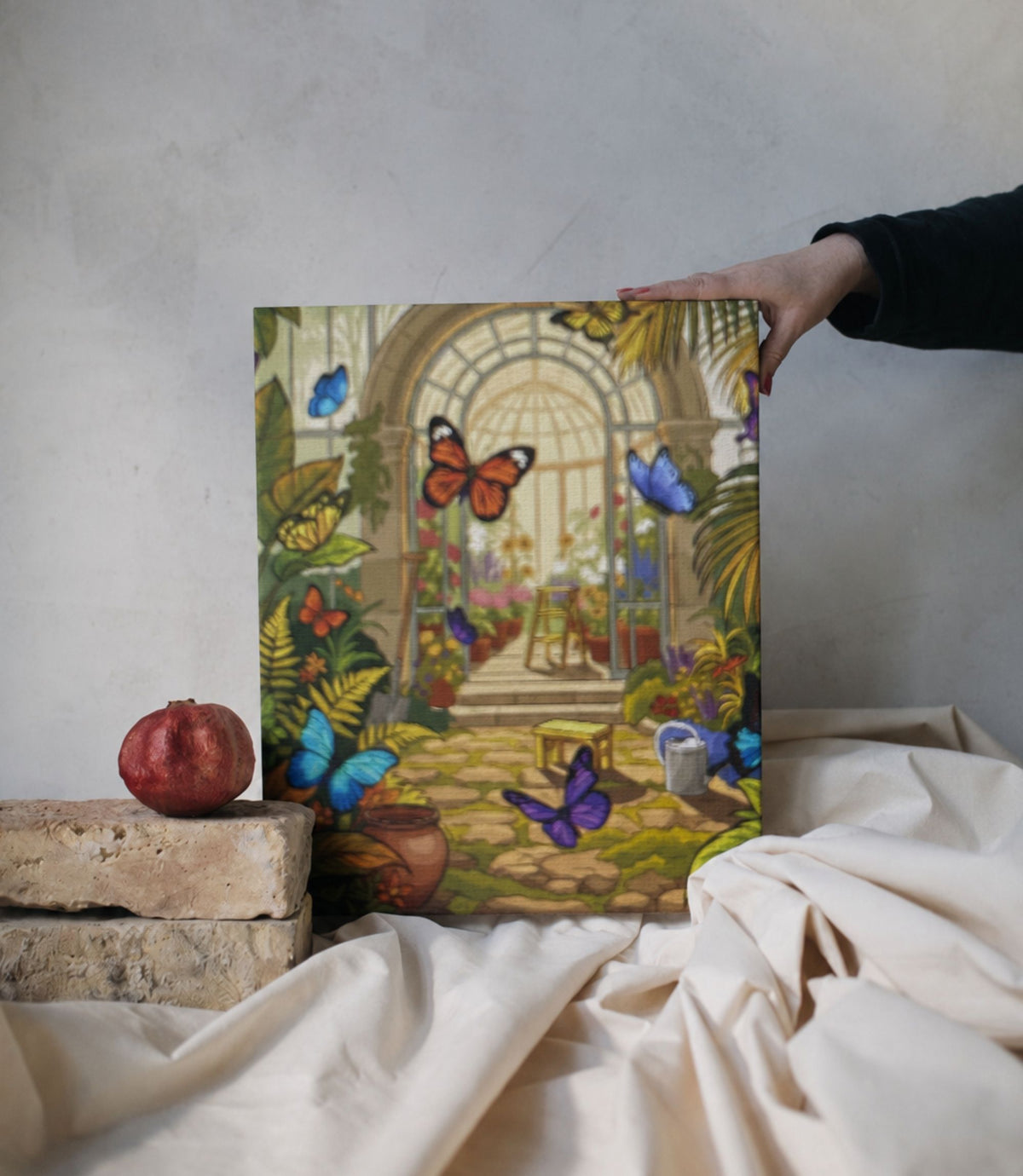 Person holding butterfly conservatory stretched canvas wall art