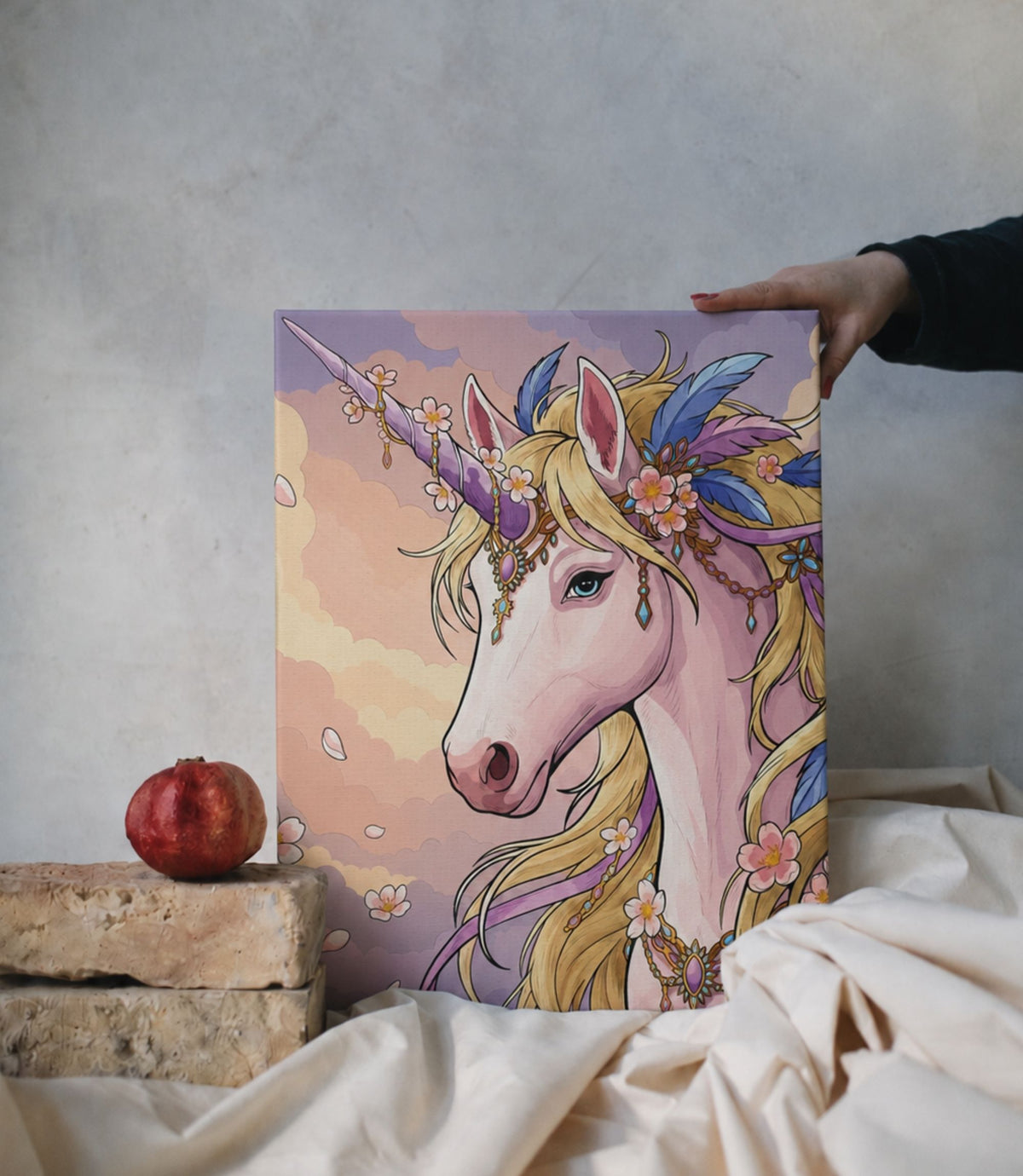 Person holding pastel unicorn stretched canvas wall art