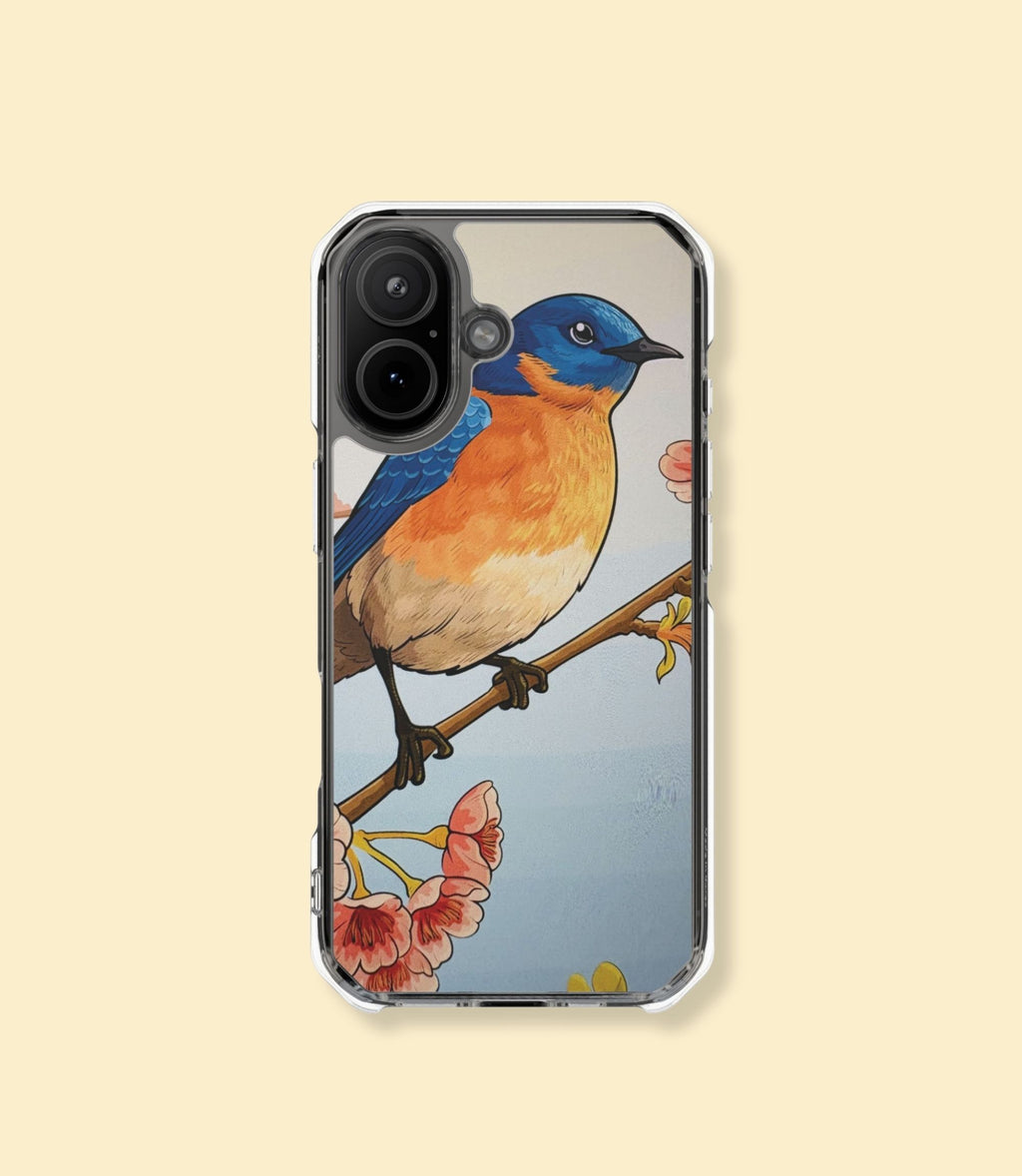 Bluebird and cherry blossoms clear magnetic phone case for iPhone 17 on a cream background