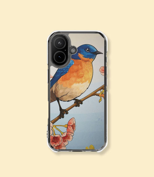 Bluebird and cherry blossoms clear magnetic phone case for iPhone 17 on a cream background