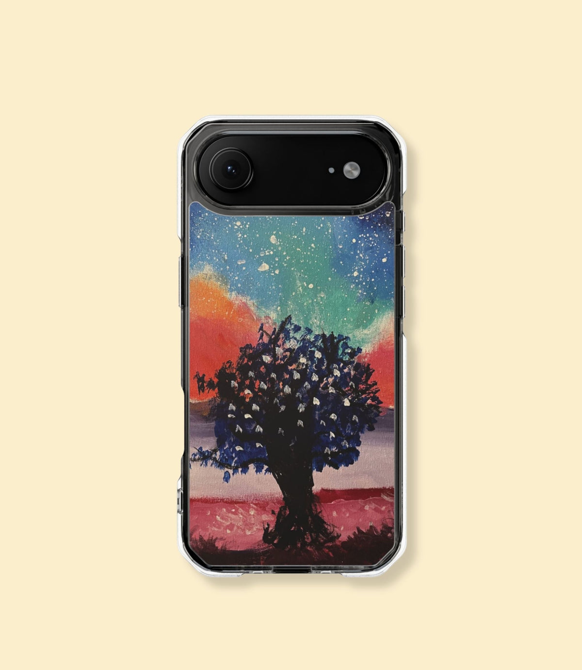 Galaxy tree clear magnetic phone case for iPhone 17 Air on a cream background