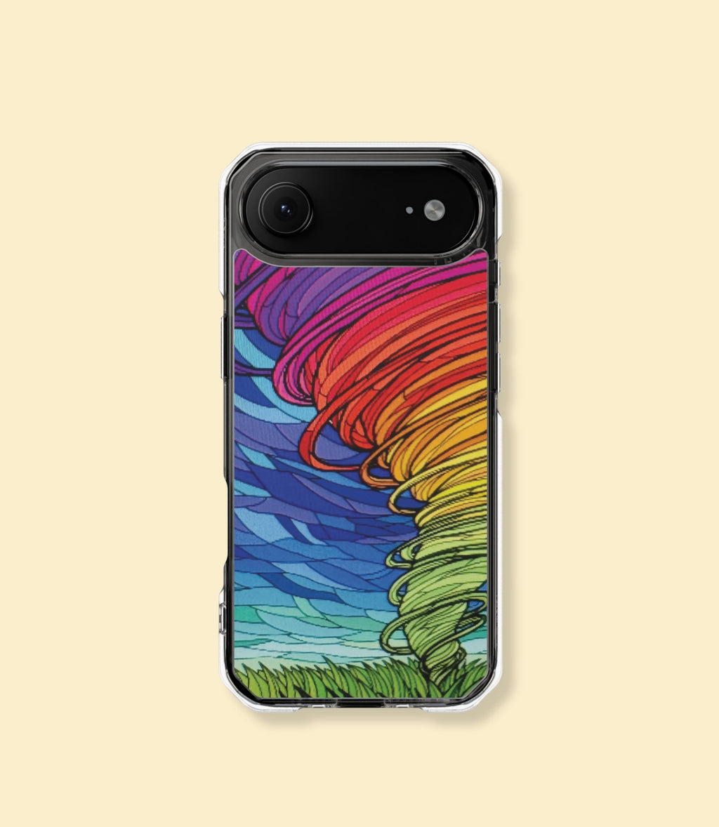 Rainbow tornado clear magnetic phone case for iPhone 17 Air on a cream background