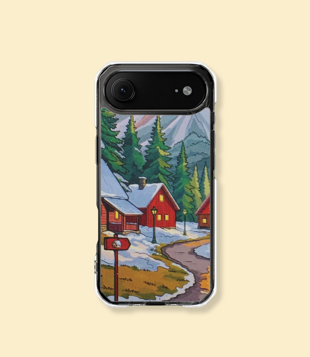 Winter mountain village clear magnetic phone case for iPhone 17 Air on a cream background