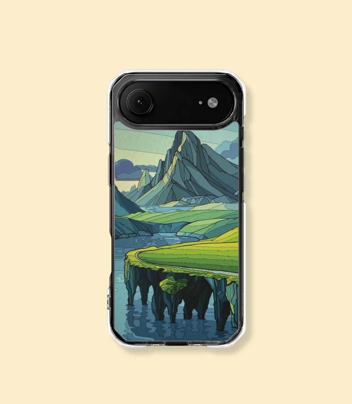Mountain cliff seascape clear magnetic phone case for iPhone 17 Air on a cream background