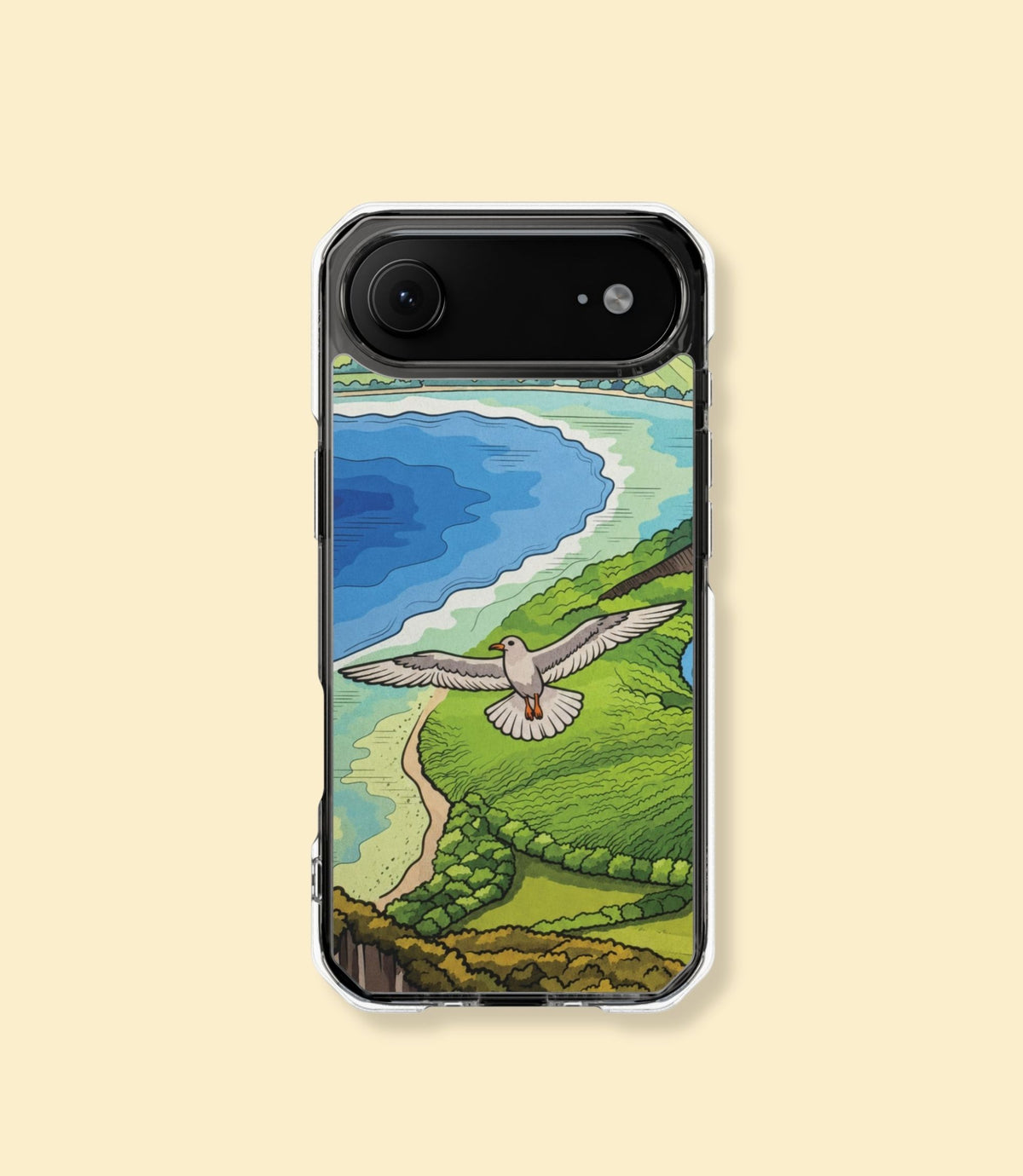 Volcanic coast and seagull clear magnetic phone case for iPhone 17 Air on a cream background