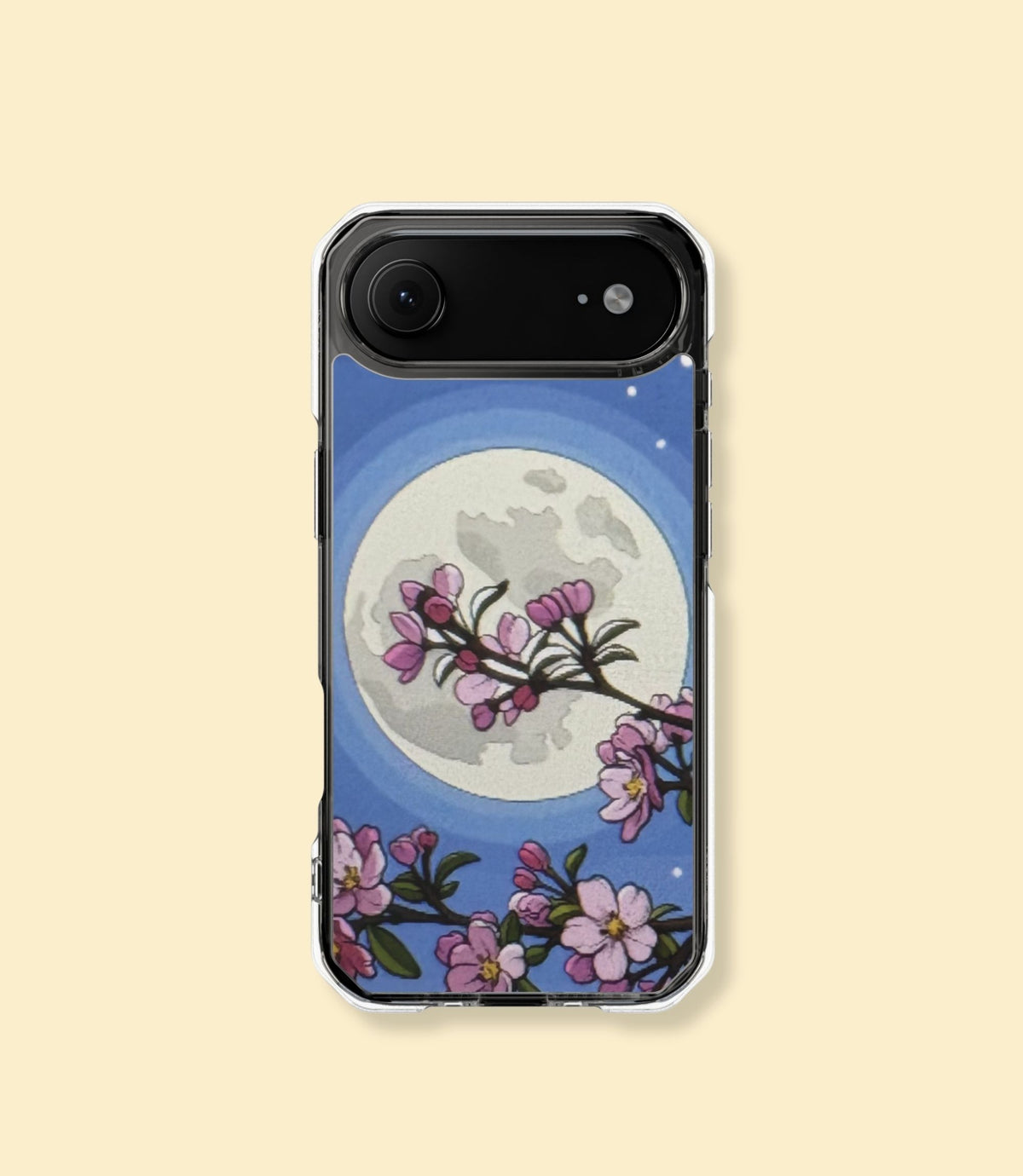 Cherry blossom moon clear magnetic phone case for iPhone 17 Air on a cream background