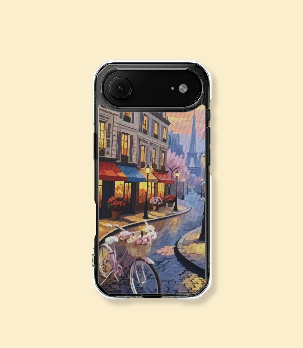 Paris street café clear magnetic phone case for iPhone 17 Air on a cream background