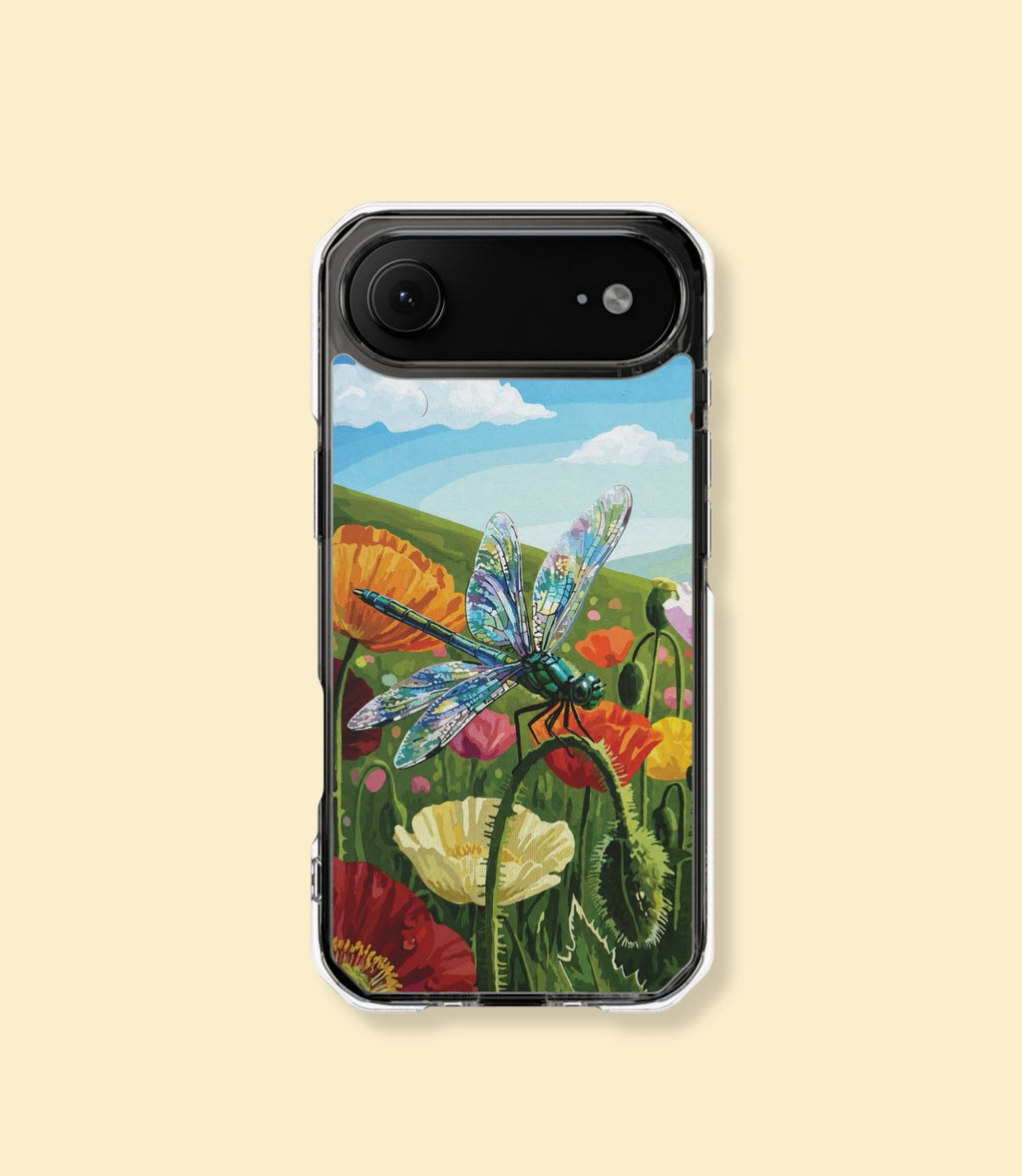Dragonfly meadow clear magnetic phone case for iPhone 17 Air on a cream background
