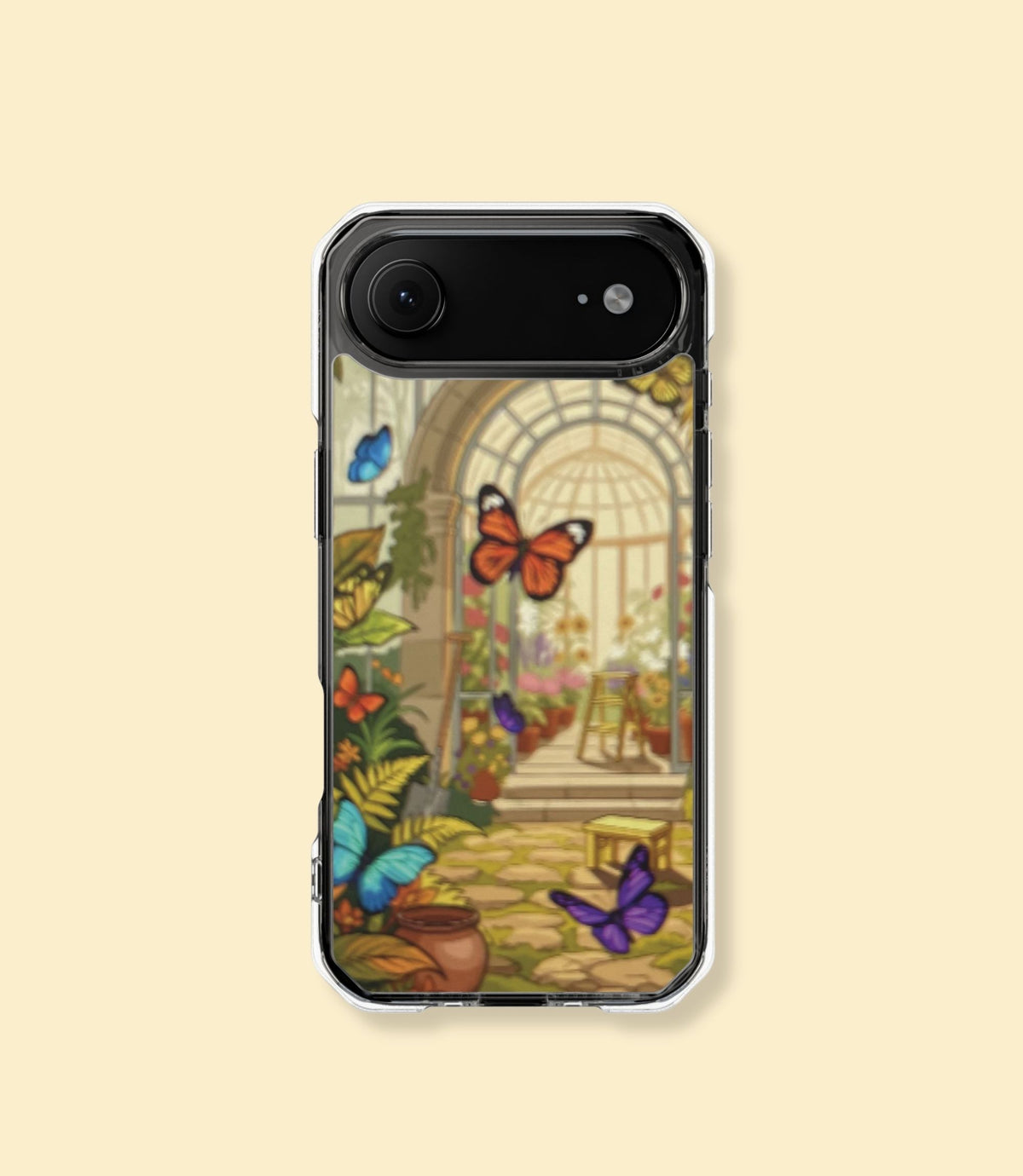 Butterfly conservatory clear magnetic phone case for iPhone 17 Air on a cream background