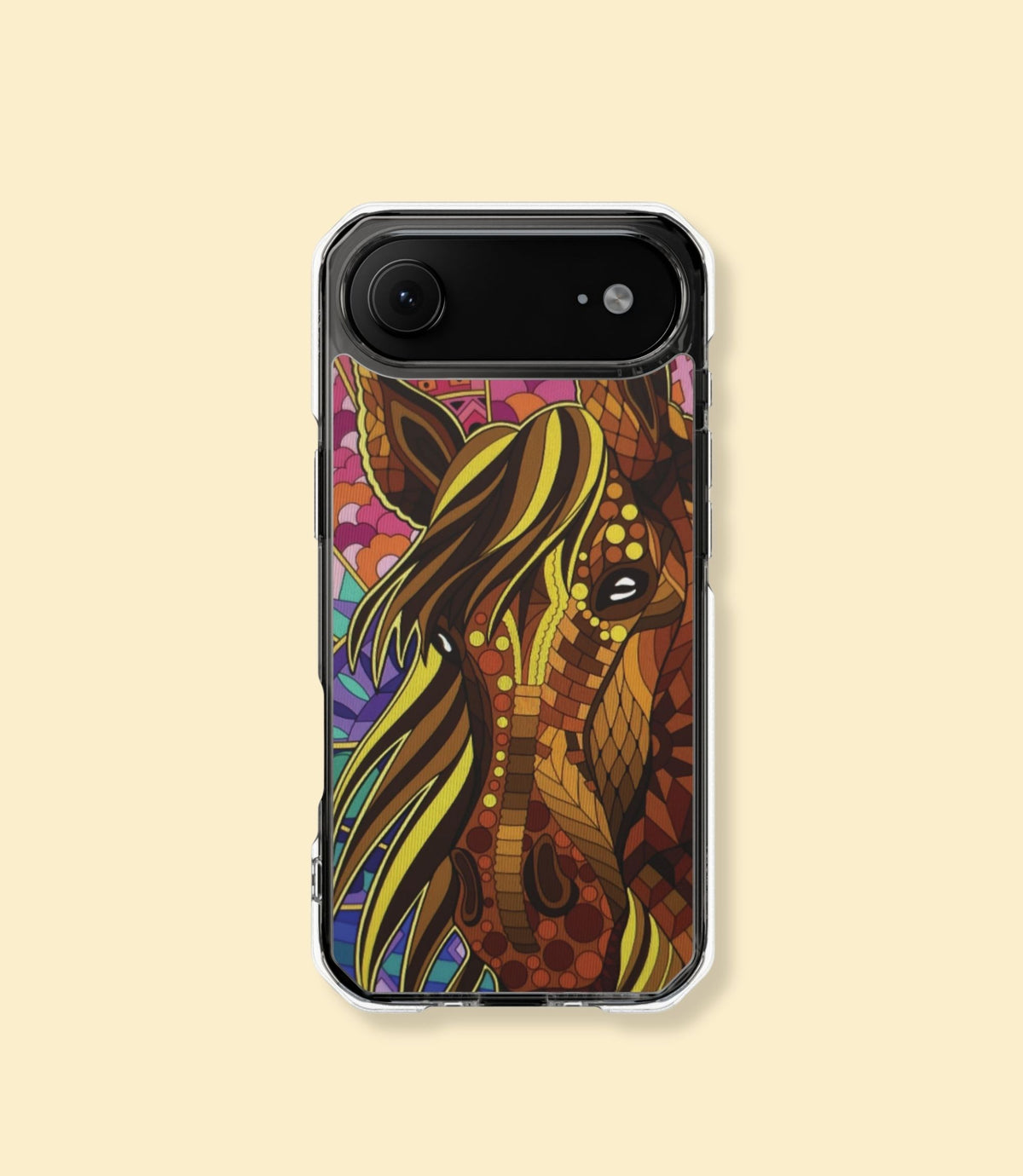 Colourful mosaic horse clear magnetic phone case for iPhone 17 Air on a cream background