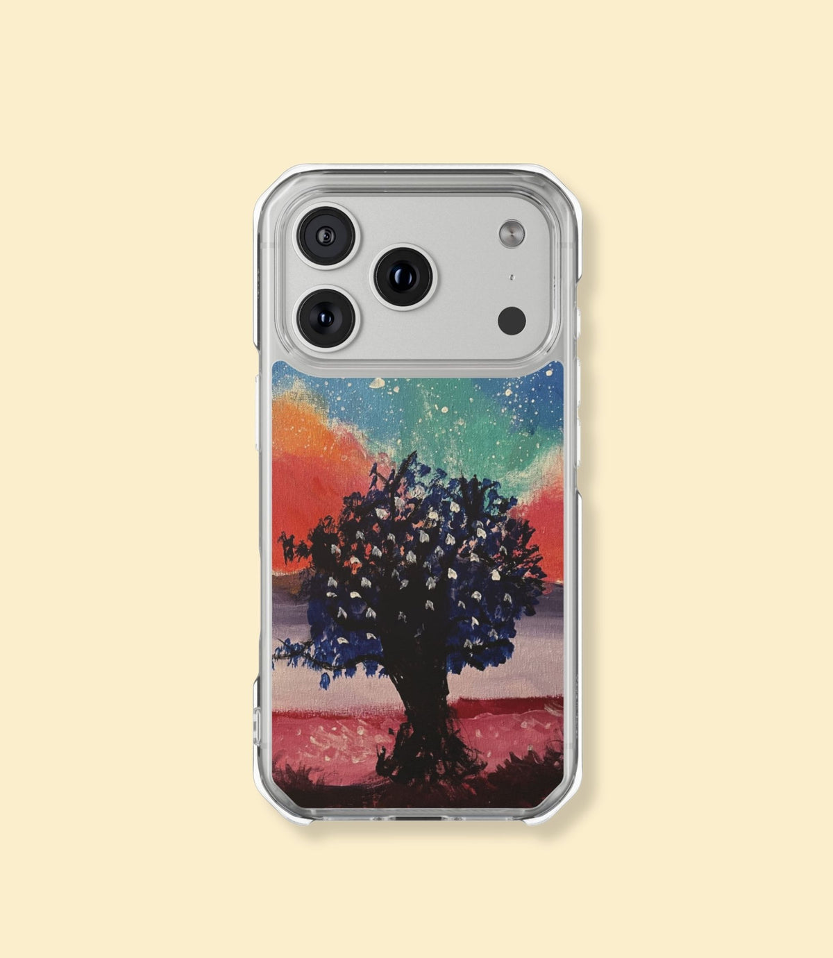 Galaxy tree clear magnetic phone case for iPhone 17 Pro on a cream background
