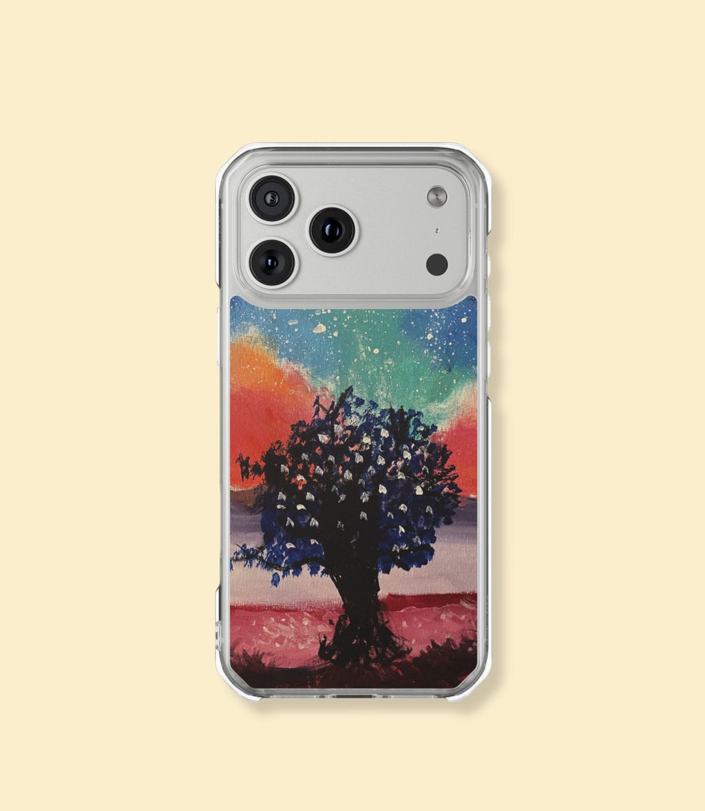 Galaxy tree clear magnetic phone case for iPhone 17 Pro Max on a cream background
