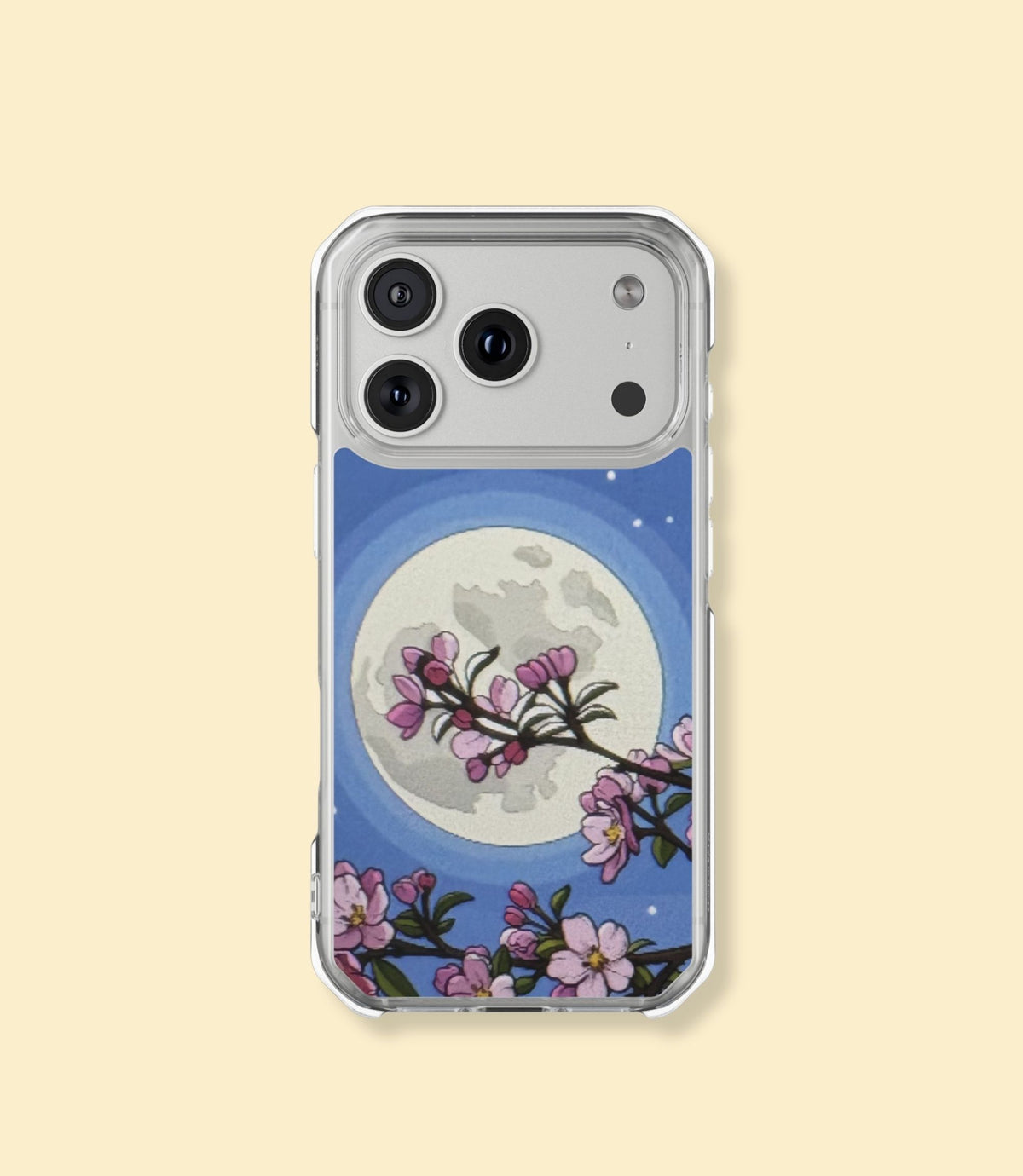 Cherry blossom moon clear magnetic phone case for iPhone 17 Pro Max on a cream background