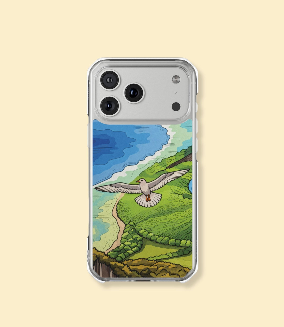 Volcanic coast and seagull clear magnetic phone case for iPhone 17 Pro Max on a cream background