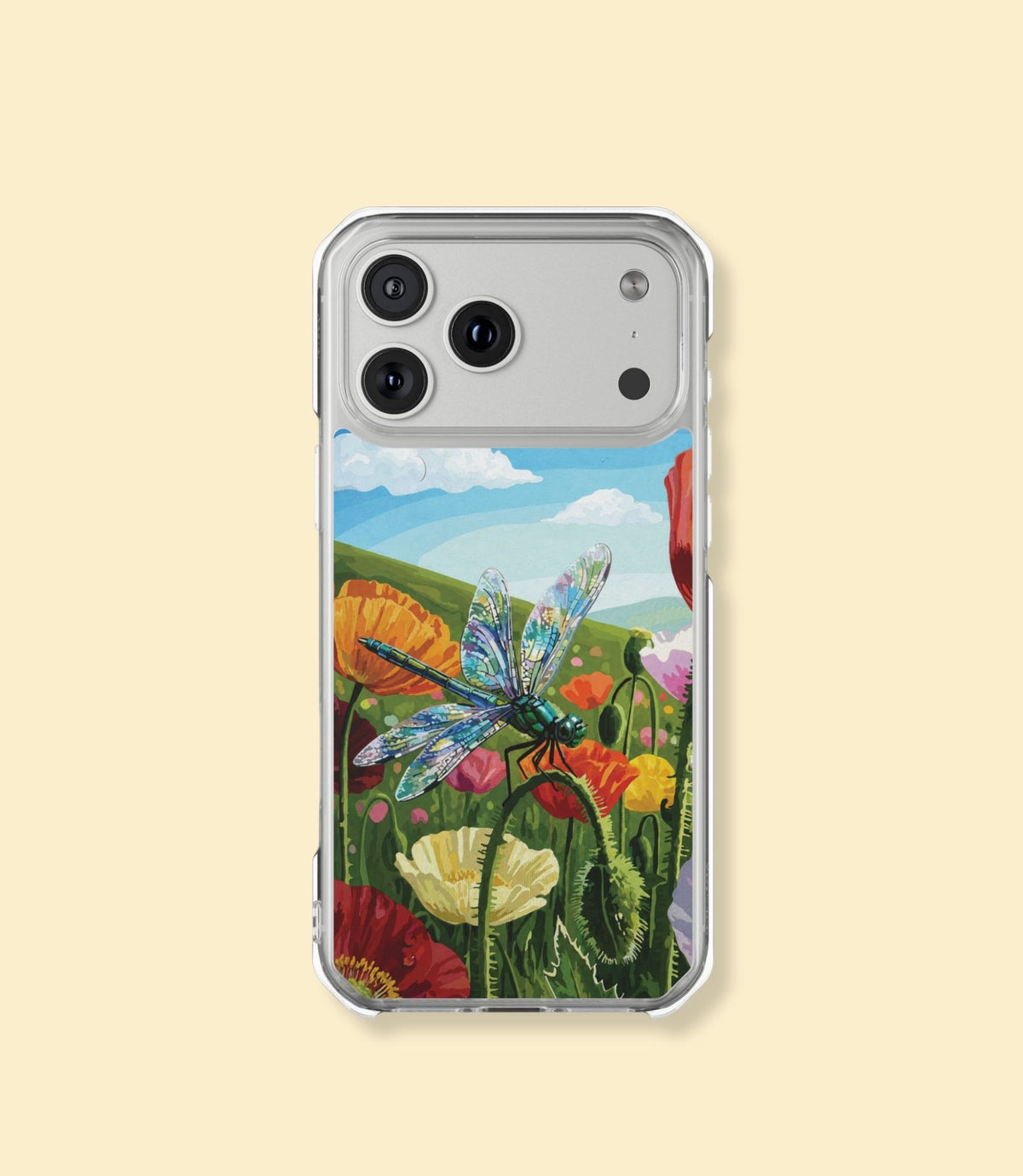 Dragonfly meadow clear magnetic phone case for iPhone 17 Pro Max on a cream background