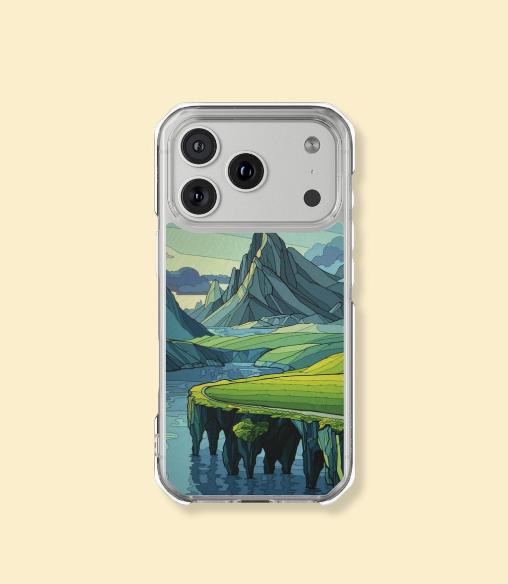 Mountain cliff seascape clear magnetic phone case for iPhone 17 Pro Max on a cream background