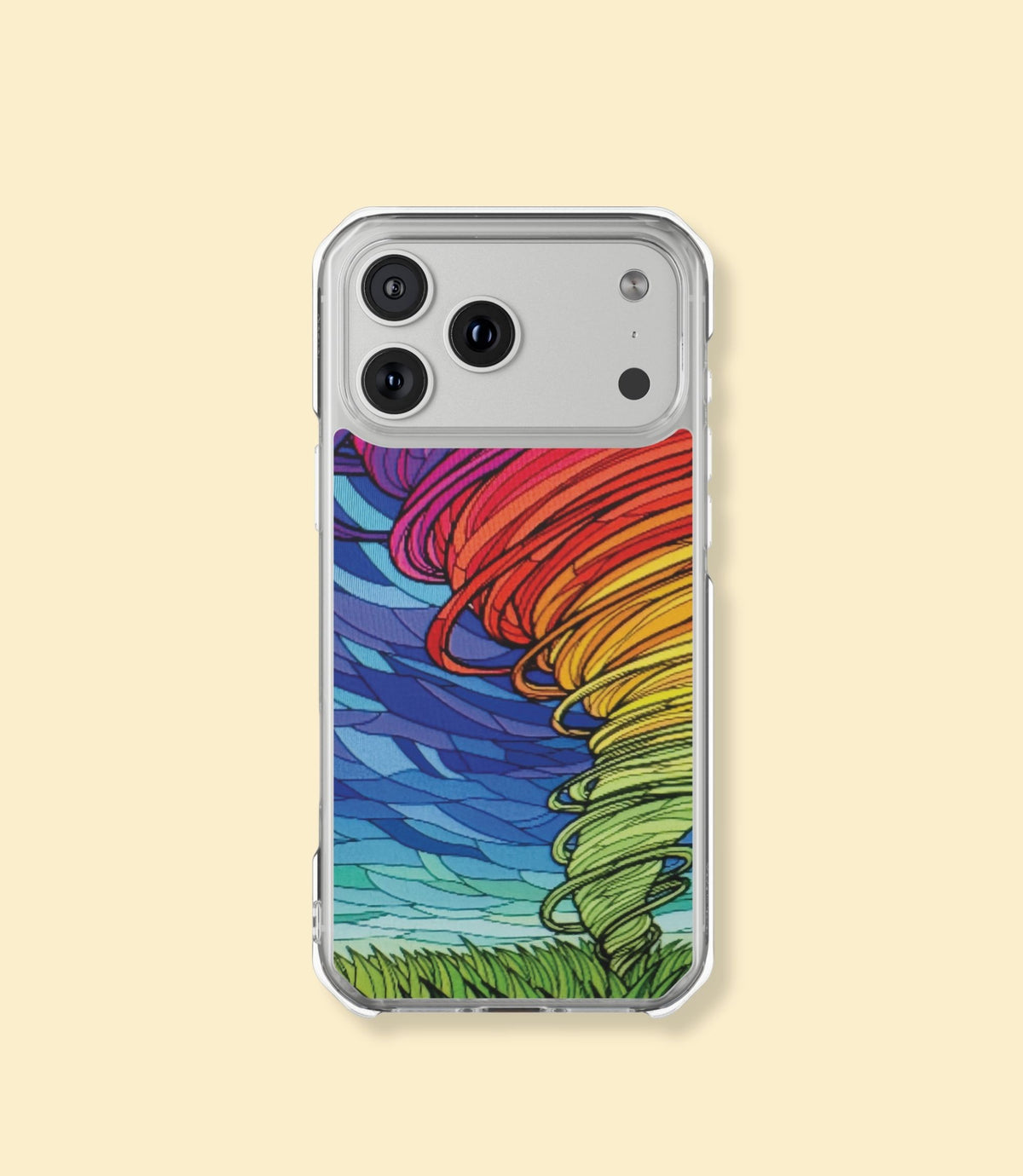 Rainbow tornado clear magnetic phone case for iPhone 17 Pro Max on a cream background