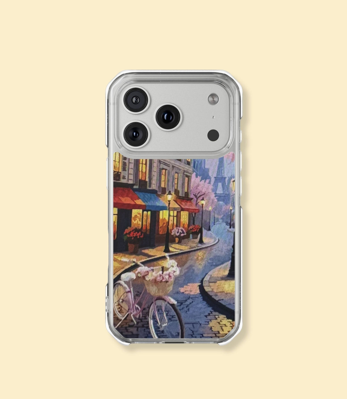 Paris street café clear magnetic phone case for iPhone 17 Pro Max on a cream background