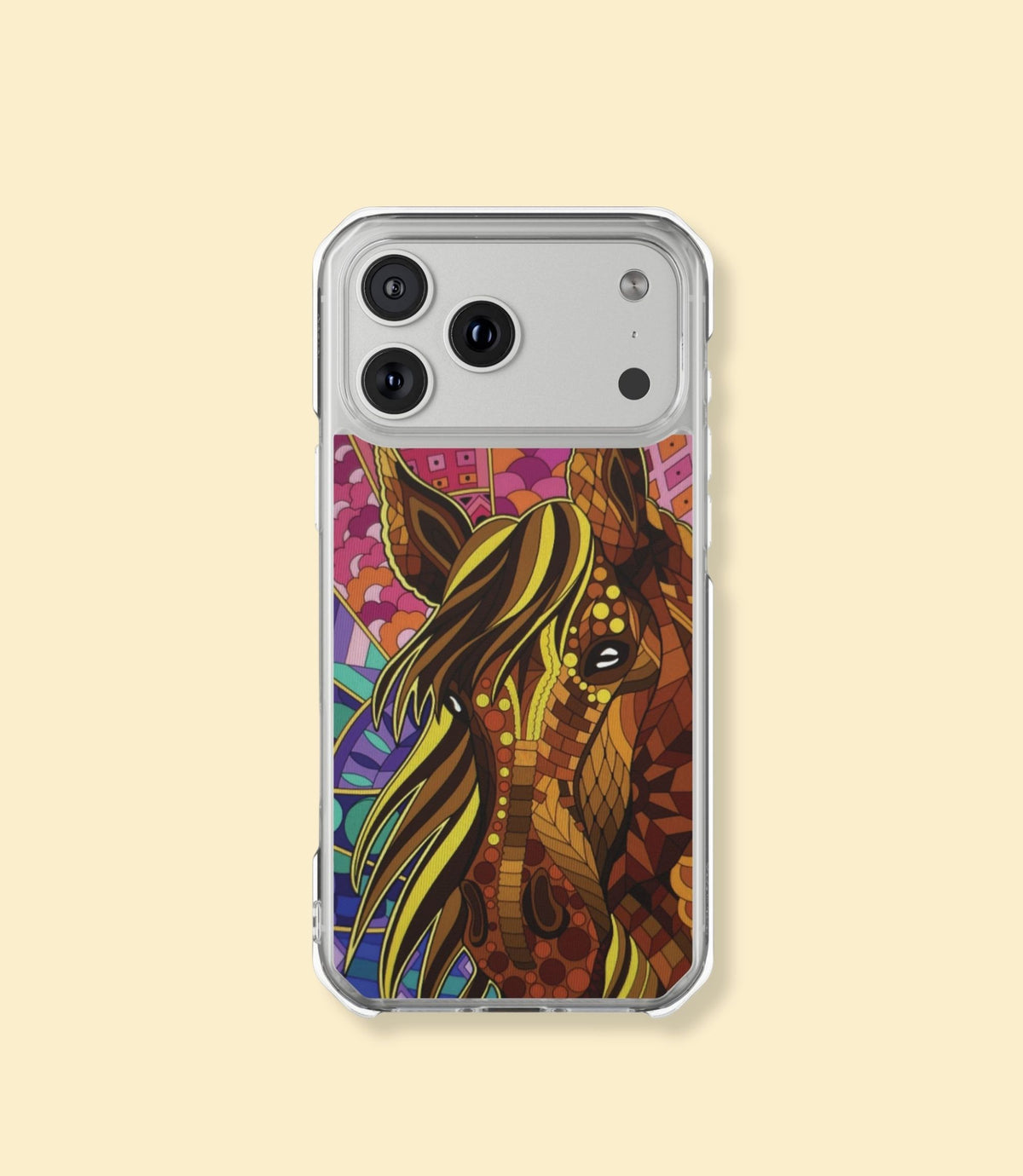 Colourful mosaic horse clear magnetic phone case for iPhone 17 Pro Max on a cream background