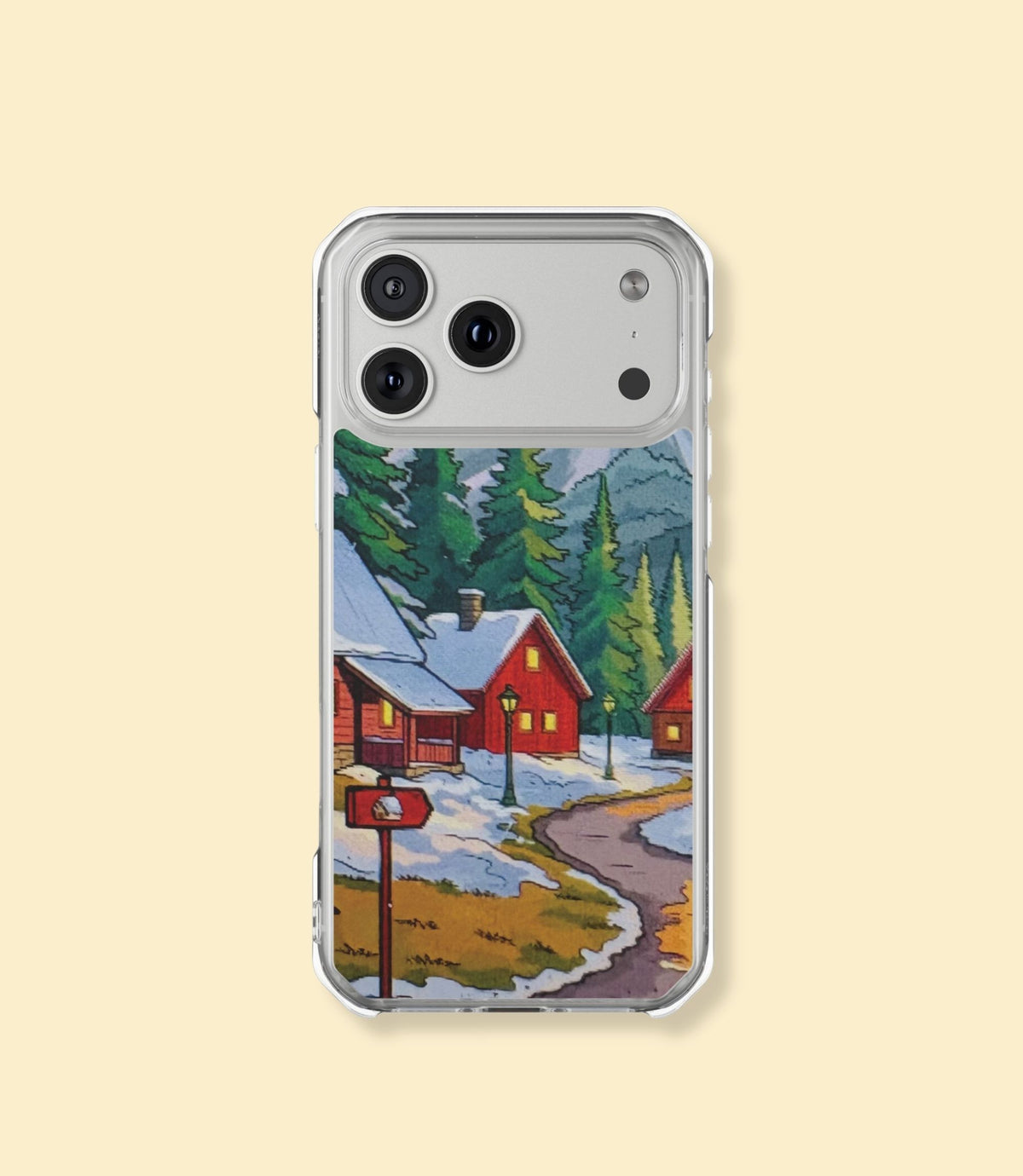 Winter mountain village clear magnetic phone case for iPhone 17 Pro Max on a cream background