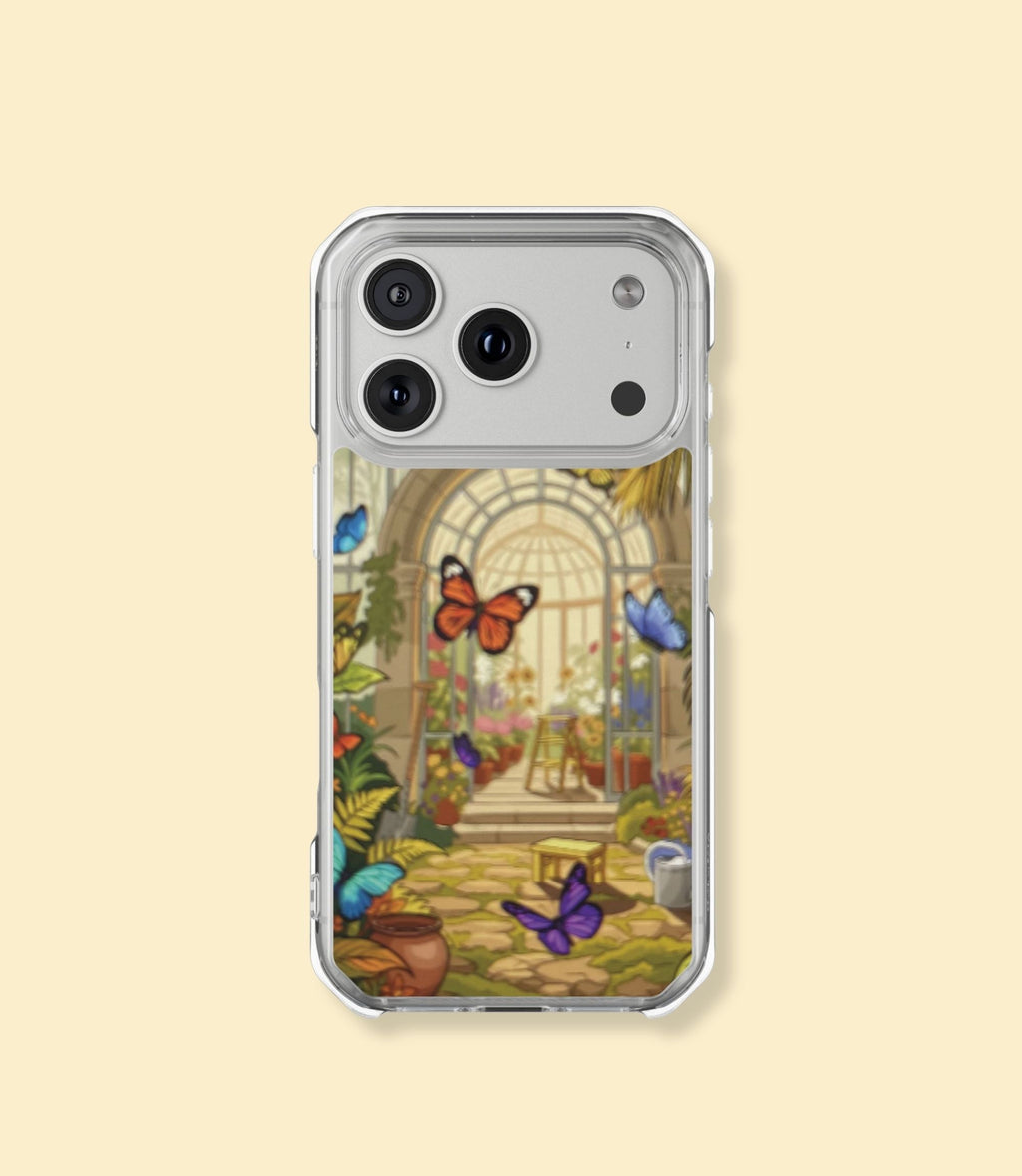 Butterfly conservatory clear magnetic phone case for iPhone 17 Pro Max on a cream background