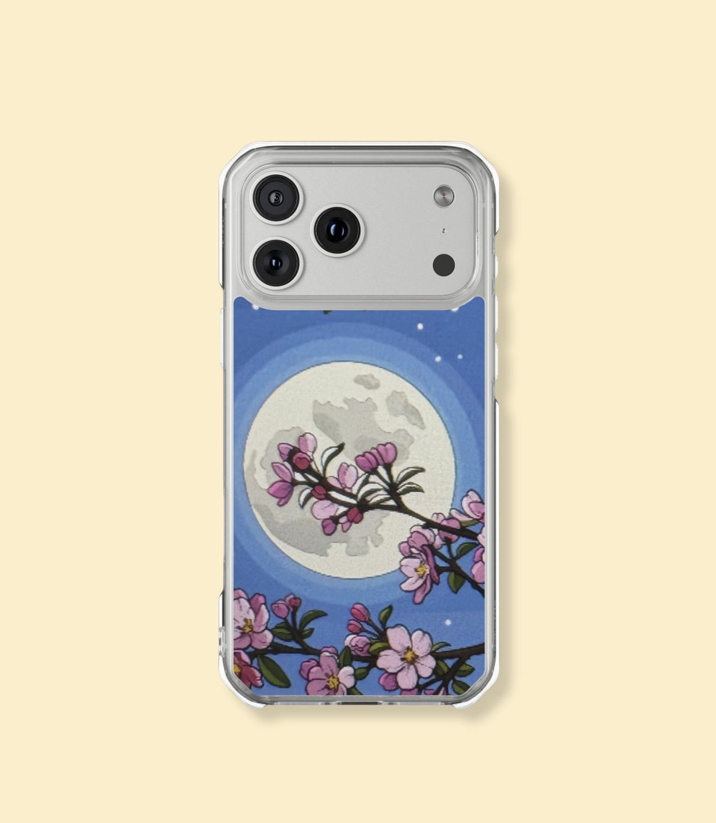 Cherry blossom moon clear magnetic phone case for iPhone 17 Pro on a cream background