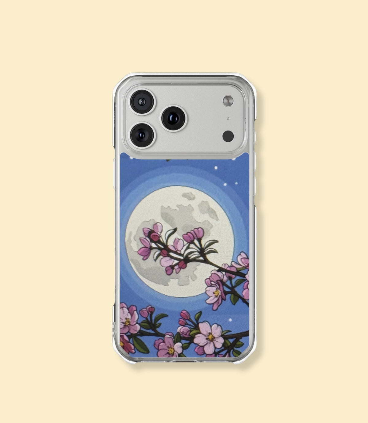 Cherry blossom moon clear magnetic phone case for iPhone 17 Pro on a cream background
